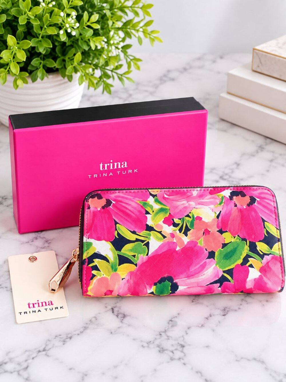 Trina Turk Pink Floral Multi Compartment Zip Wallet Goldtone Logo OS